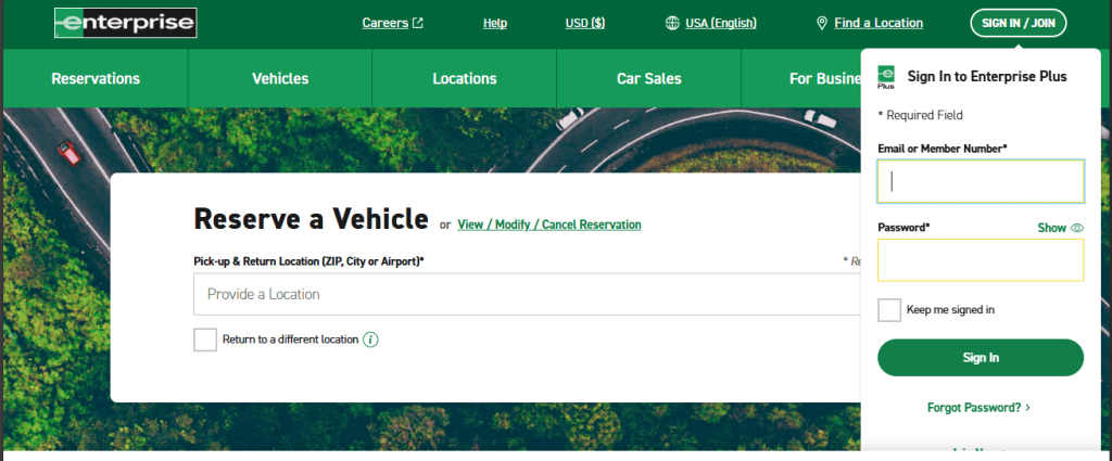 A snapshot of enterprise car rental homepage