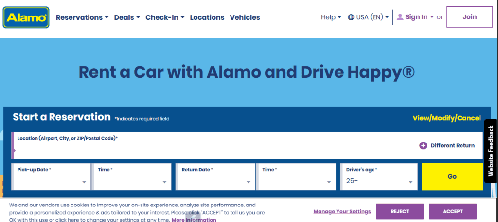 snapshot of alamo car rentals homepage