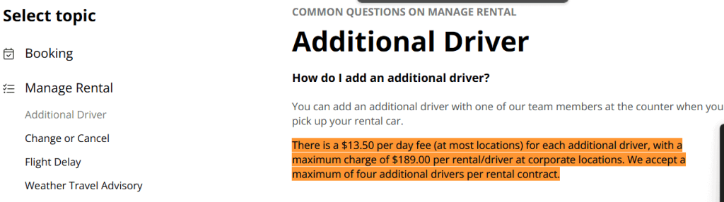 Hertz charge cost for additional driver highlighted in a textbox of their website resource 