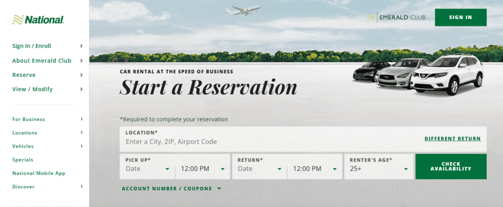 screenshot of national car rental homepage